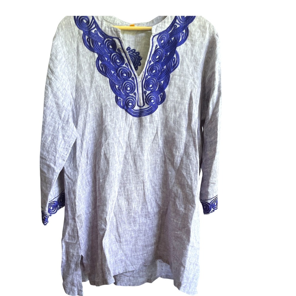 Roberta Freymann Blue Linen Embroidered Tunic‎ Top XL